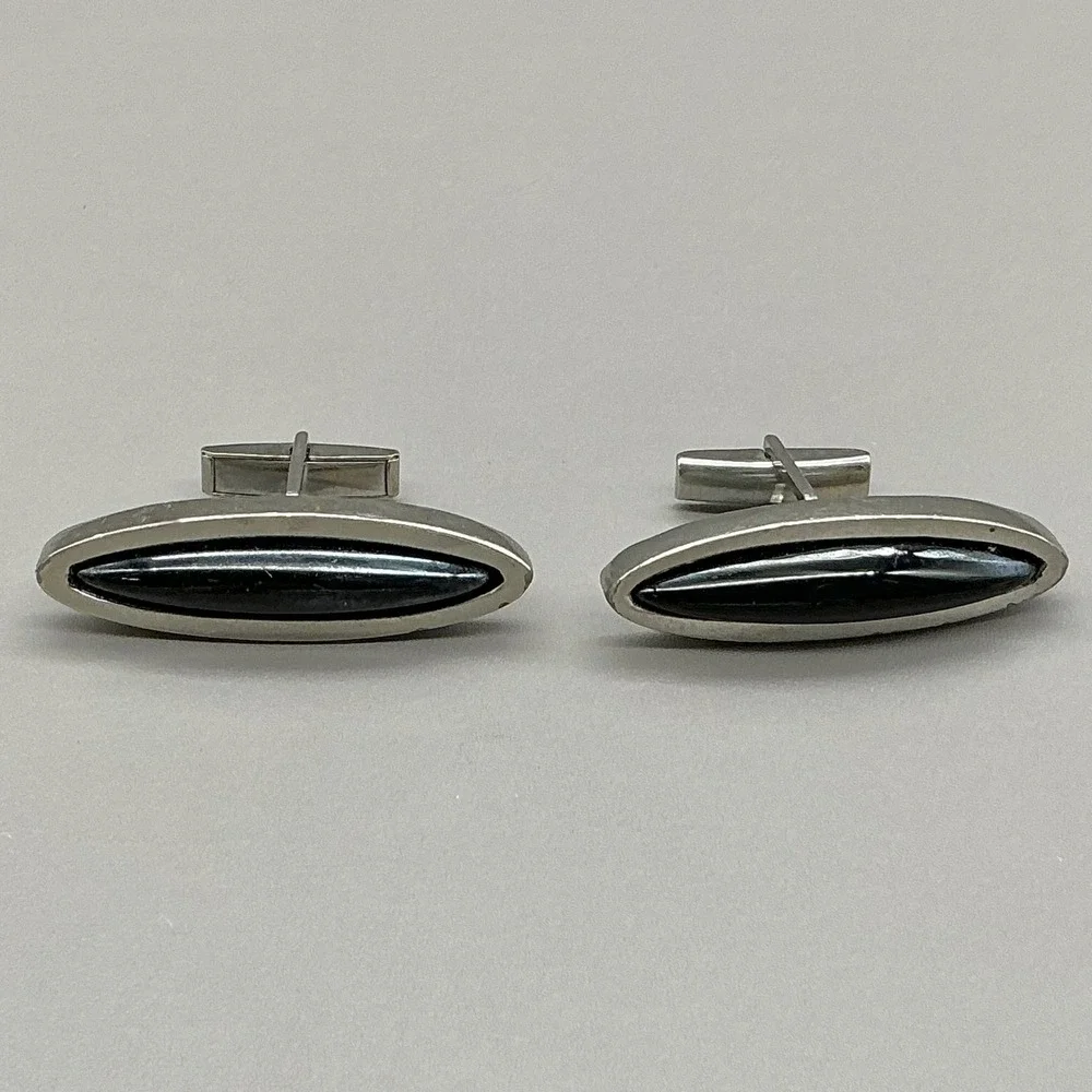 Kent Cufflinks Black Hematite Style Silver Tone Oval Mid Century Vintage29.99